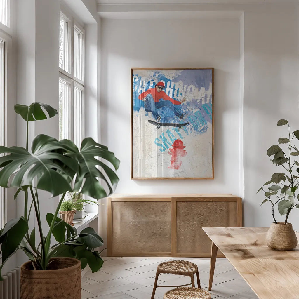 Catching Air I by Avery Tillmon. shown as a print in a natural wood frame in a dining room. Available as a archival giclee rolled canvas, fine art paper, or poster print. SKU 38799h.