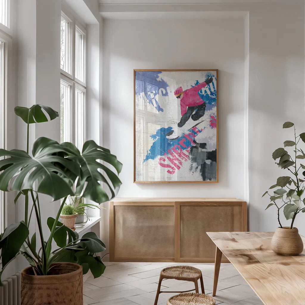 Catching Air II by Avery Tillmon. shown as a print in a natural wood frame in a dining room. Available as a archival giclee rolled canvas, fine art paper, or poster print. SKU 38800h.