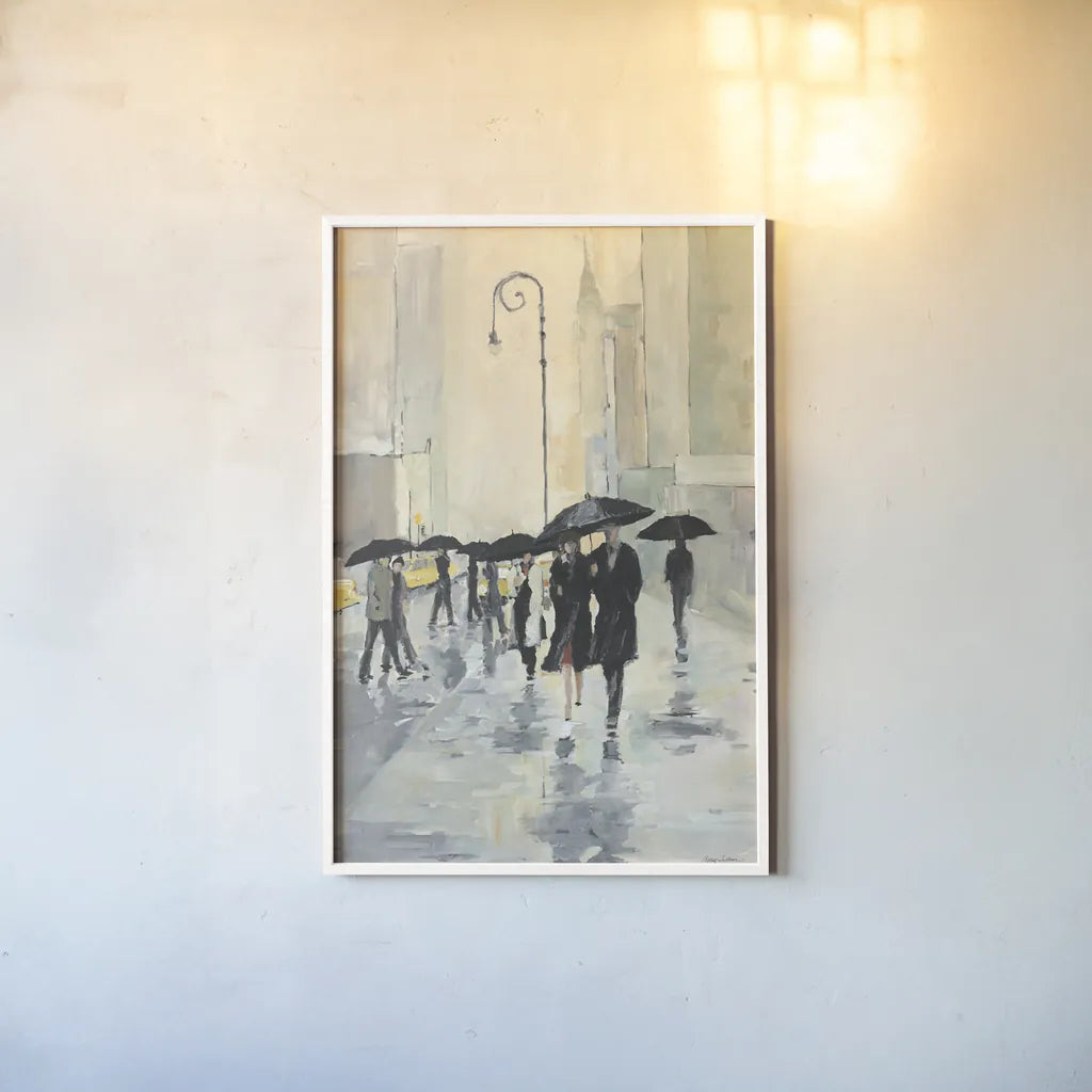 City In The Rain by Avery Tillmon. shown as a paper print in a white frame. Available as a archival giclee rolled canvas, fine art paper, or poster print. SKU 8919h.