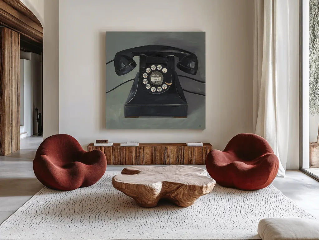 Classic Telephone by Avery Tillmon. Shown as extra-large giant wall art in a modern living room. Available as an archival giclee rolled canvas, fine art paper, or poster print. SKU 2695a.