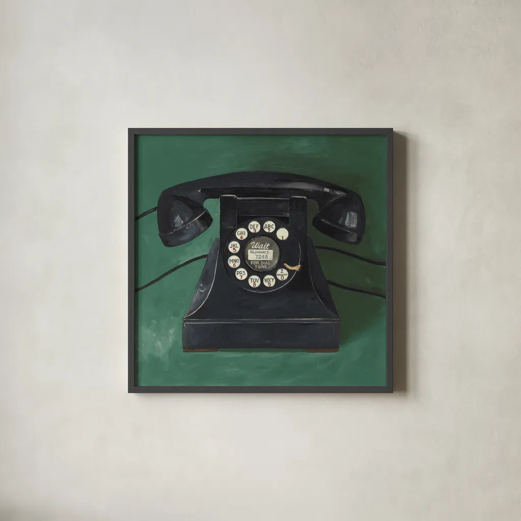 Classic Telephone Emerald by Avery Tillmon. Shown in a sleek black glass frame for a contemporary gallery look. Available as an archival giclee rolled canvas, fine art paper, or poster print. SKU 96708a.
