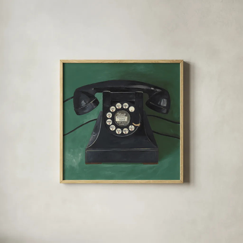 Classic Telephone Emerald by Avery Tillmon. Shown in a natural wood glass frame for a timeless modern aesthetic. Available as an archival giclee rolled canvas, fine art paper, or poster print. SKU 96708a.