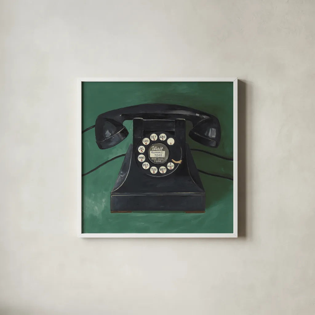 Classic Telephone Emerald by Avery Tillmon. Shown in a crisp white glass frame for a clean and minimalist style. Available as an archival giclee rolled canvas, fine art paper, or poster print. SKU 96708a.
