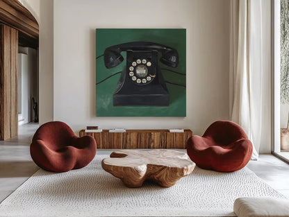 Classic Telephone Emerald by Avery Tillmon. Shown as extra-large giant wall art in a modern living room. Available as an archival giclee rolled canvas, fine art paper, or poster print. SKU 96708a.