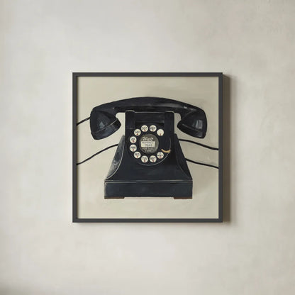 Classic Telephone on Cream by Avery Tillmon. Shown in a sleek black glass frame for a contemporary gallery look. Available as an archival giclee rolled canvas, fine art paper, or poster print. SKU 66714a.