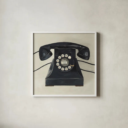 Classic Telephone on Cream by Avery Tillmon. Shown in a crisp white glass frame for a clean and minimalist style. Available as an archival giclee rolled canvas, fine art paper, or poster print. SKU 66714a.