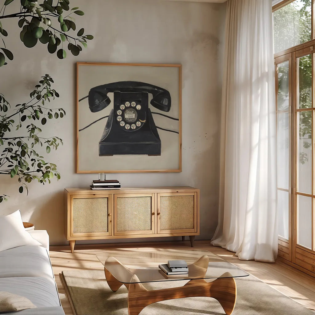 Classic Telephone on Cream by Avery Tillmon. Shown in a natural wood frame in a cozy modern living room. Available as an archival giclee rolled canvas, fine art paper, or poster print. SKU 66714a.