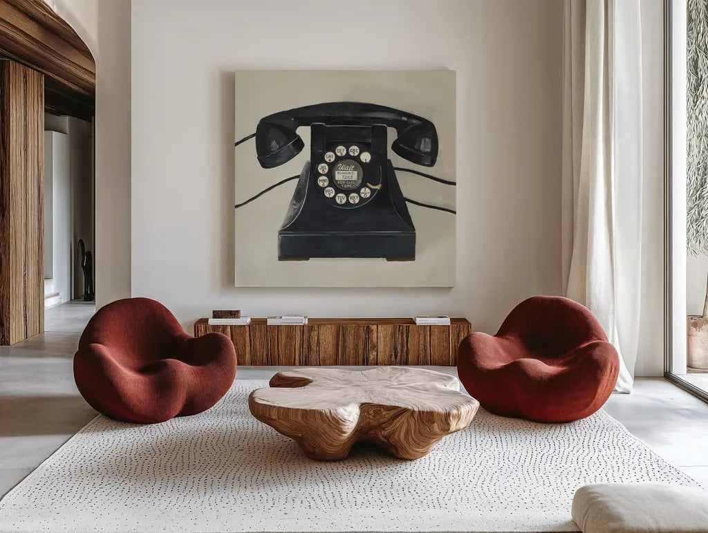 Classic Telephone on Cream by Avery Tillmon. Shown as extra-large giant wall art in a modern living room. Available as an archival giclee rolled canvas, fine art paper, or poster print. SKU 66714a.