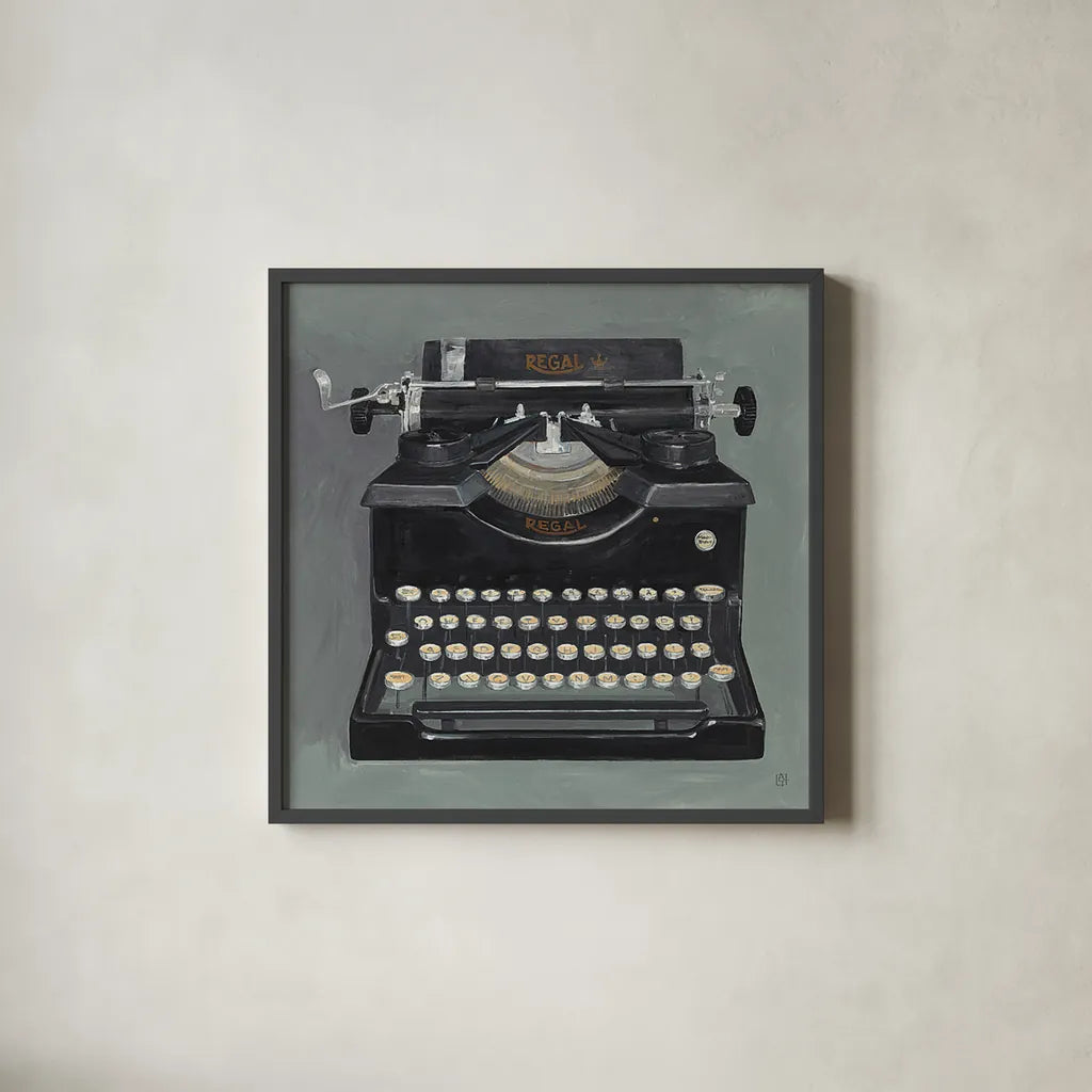 Classic Typewriter by Avery Tillmon. Shown in a sleek black glass frame for a contemporary gallery look. Available as an archival giclee rolled canvas, fine art paper, or poster print. SKU 2696a.