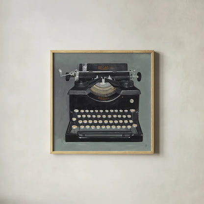 Classic Typewriter by Avery Tillmon. Shown in a natural wood glass frame for a timeless modern aesthetic. Available as an archival giclee rolled canvas, fine art paper, or poster print. SKU 2696a.