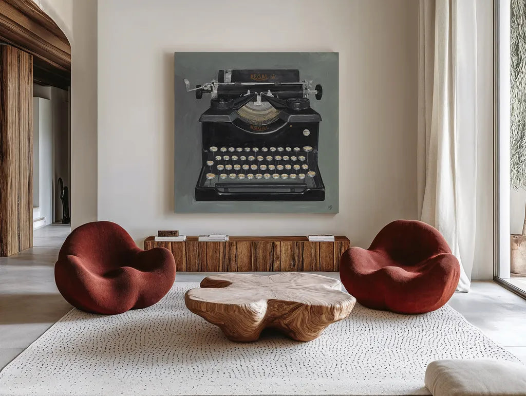 Classic Typewriter by Avery Tillmon. Shown as extra-large giant wall art in a modern living room. Available as an archival giclee rolled canvas, fine art paper, or poster print. SKU 2696a.