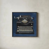 Classic Typewriter Navy by Avery Tillmon. Shown in a sleek black glass frame for a contemporary gallery look. Available as an archival giclee rolled canvas, fine art paper, or poster print. SKU 96709a.