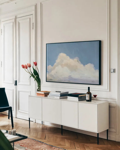 Clouds Over Low Tide by Avery Tillmon. shown as a framed stretched canvas in a living room above a console. Available as a archival giclee rolled canvas, fine art paper, or poster print. SKU 59071i.