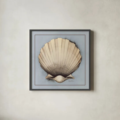 Coastal Shell II with Border by Avery Tillmon. Shown in a sleek black glass frame for a contemporary gallery look. Available as an archival giclee rolled canvas, fine art paper, or poster print. SKU 8579a.