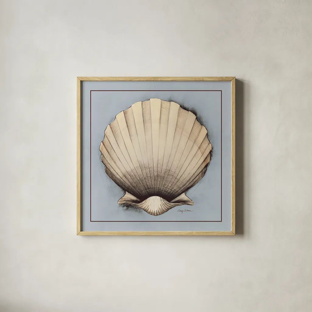 Coastal Shell II with Border by Avery Tillmon. Shown in a natural wood glass frame for a timeless modern aesthetic. Available as an archival giclee rolled canvas, fine art paper, or poster print. SKU 8579a.