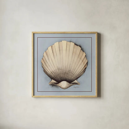 Coastal Shell II with Border by Avery Tillmon. Shown in a natural wood glass frame for a timeless modern aesthetic. Available as an archival giclee rolled canvas, fine art paper, or poster print. SKU 8579a.