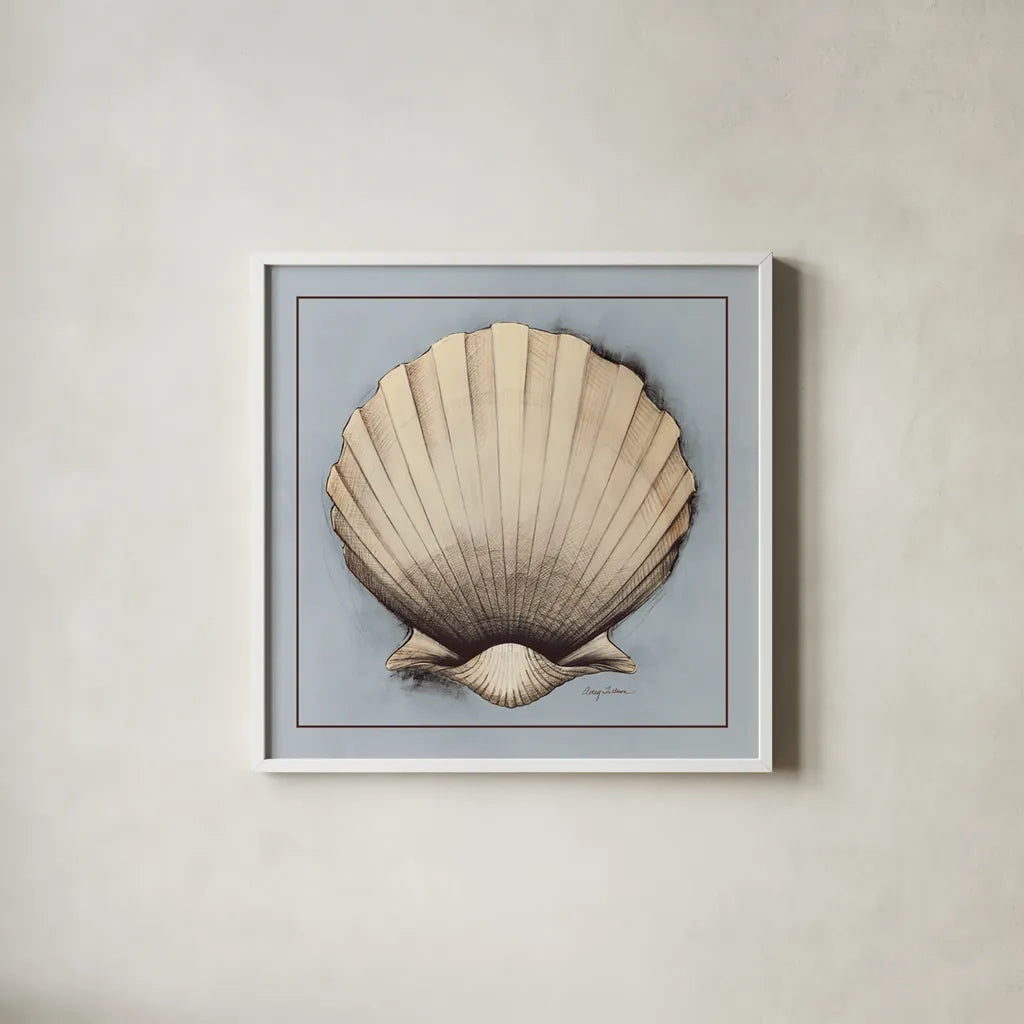 Coastal Shell II with Border by Avery Tillmon. Shown in a crisp white glass frame for a clean and minimalist style. Available as an archival giclee rolled canvas, fine art paper, or poster print. SKU 8579a.