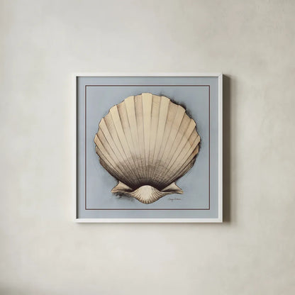 Coastal Shell II with Border by Avery Tillmon. Shown in a crisp white glass frame for a clean and minimalist style. Available as an archival giclee rolled canvas, fine art paper, or poster print. SKU 8579a.