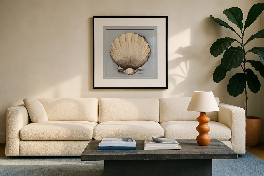 Coastal Shell II with Border by Avery Tillmon. Displayed in a glass frame with matte in a clean modern living room. Available as an archival giclee rolled canvas, fine art paper, or poster print. SKU 8579a.