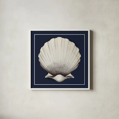 Coastal Shell II with Border Navy by Avery Tillmon. Shown in a crisp white glass frame for a clean and minimalist style. Available as an archival giclee rolled canvas, fine art paper, or poster print. SKU 56157a.
