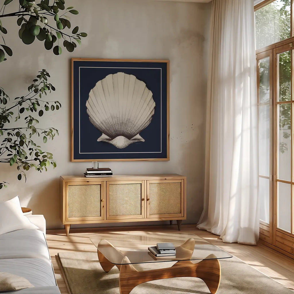 Coastal Shell II with Border Navy by Avery Tillmon. Shown in a natural wood frame in a cozy modern living room. Available as an archival giclee rolled canvas, fine art paper, or poster print. SKU 56157a.