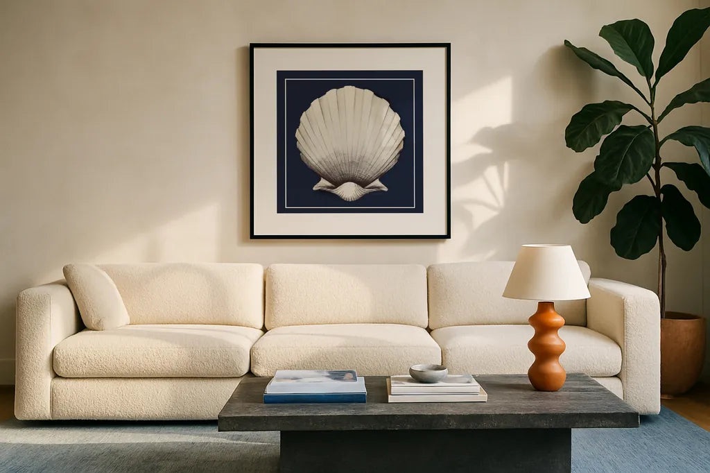 Coastal Shell II with Border Navy by Avery Tillmon. Displayed in a glass frame with matte in a clean modern living room. Available as an archival giclee rolled canvas, fine art paper, or poster print. SKU 56157a.