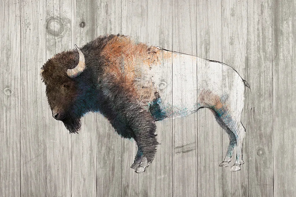 Colorful Bison Dark Brown on Wood by Avery Tillmon. SKU 29800i. Archival Giclee Fine art print for wall decor.