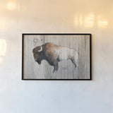 Colorful Bison Dark Brown on Wood by Avery Tillmon. shown as a paper print in a black flame. Available as a archival giclee rolled canvas, fine art paper, or poster print. SKU 29800i.