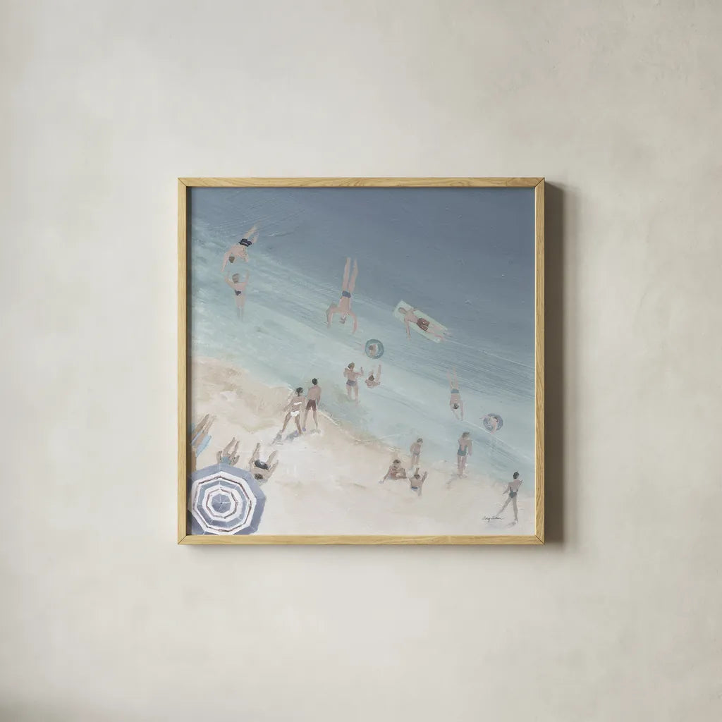 Cool Blue Beach Crop by Avery Tillmon. Shown in a natural wood glass frame for a timeless modern aesthetic. Available as an archival giclee rolled canvas, fine art paper, or poster print. SKU 70206a.