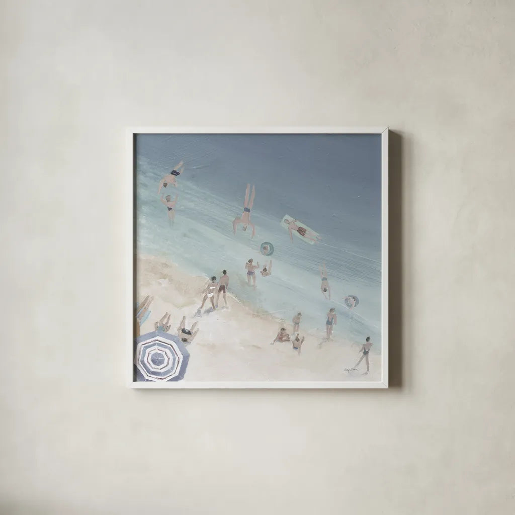 Cool Blue Beach Crop by Avery Tillmon. Shown in a crisp white glass frame for a clean and minimalist style. Available as an archival giclee rolled canvas, fine art paper, or poster print. SKU 70206a.
