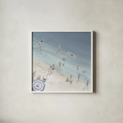 Cool Blue Beach Crop by Avery Tillmon. Shown in a crisp white glass frame for a clean and minimalist style. Available as an archival giclee rolled canvas, fine art paper, or poster print. SKU 70206a.