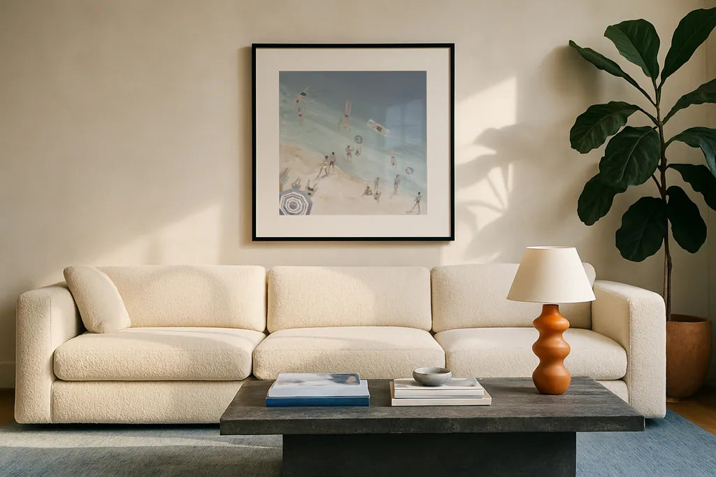 Cool Blue Beach Crop by Avery Tillmon. Displayed in a glass frame with matte in a clean modern living room. Available as an archival giclee rolled canvas, fine art paper, or poster print. SKU 70206a.