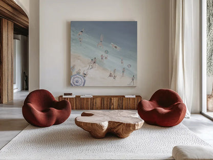 Cool Blue Beach Crop by Avery Tillmon. Shown as extra-large giant wall art in a modern living room. Available as an archival giclee rolled canvas, fine art paper, or poster print. SKU 70206a.
