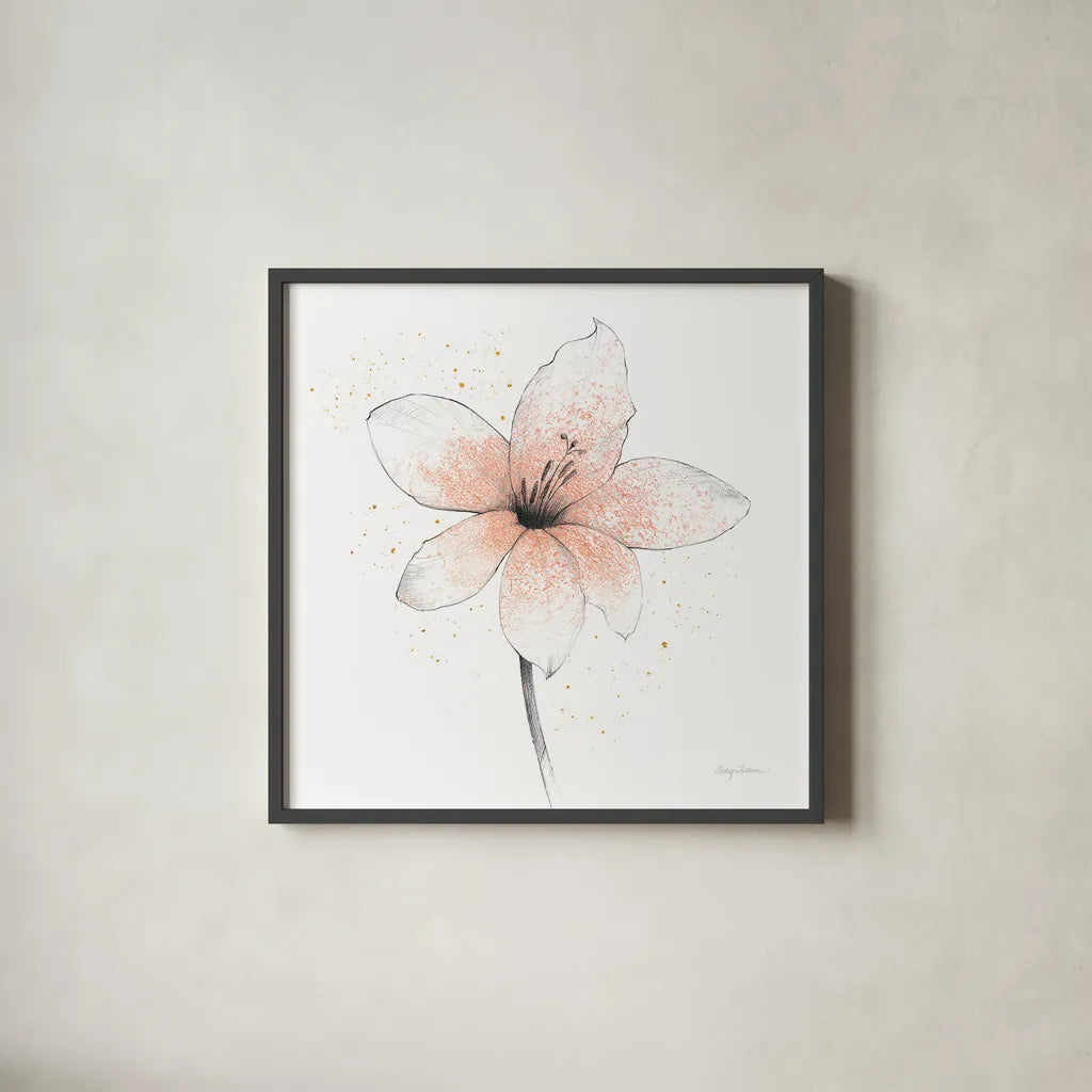 Coral Graphite Flower II by Avery Tillmon. Shown in a sleek black glass frame for a contemporary gallery look. Available as an archival giclee rolled canvas, fine art paper, or poster print. SKU 29755a.