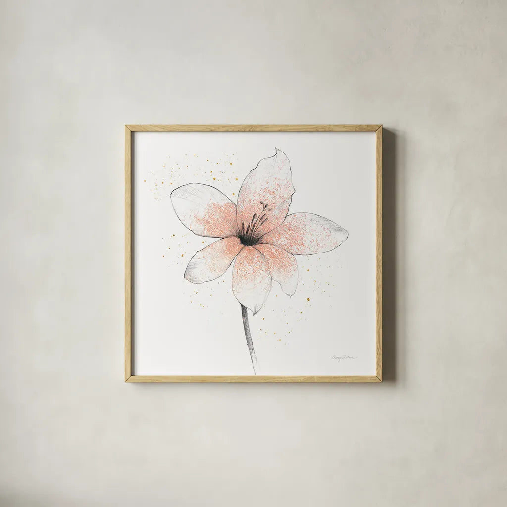 Coral Graphite Flower II by Avery Tillmon. Shown in a natural wood glass frame for a timeless modern aesthetic. Available as an archival giclee rolled canvas, fine art paper, or poster print. SKU 29755a.