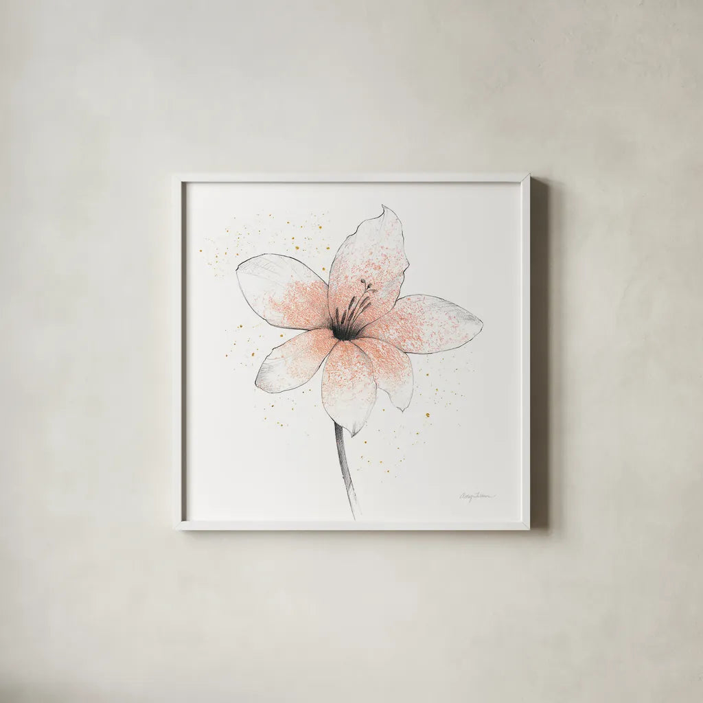 Coral Graphite Flower II by Avery Tillmon. Shown in a crisp white glass frame for a clean and minimalist style. Available as an archival giclee rolled canvas, fine art paper, or poster print. SKU 29755a.