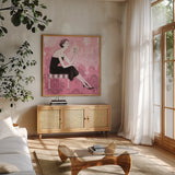 Couture Lady III by Avery Tillmon. Shown in a natural wood frame in a cozy modern living room. Available as an archival giclee rolled canvas, fine art paper, or poster print. SKU 35788a.