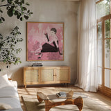 Couture Lady IV by Avery Tillmon. Shown in a natural wood frame in a cozy modern living room. Available as an archival giclee rolled canvas, fine art paper, or poster print. SKU 35786a.