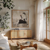 Couture Lady IV Cream by Avery Tillmon. Shown in a natural wood frame in a cozy modern living room. Available as an archival giclee rolled canvas, fine art paper, or poster print. SKU 35785a.