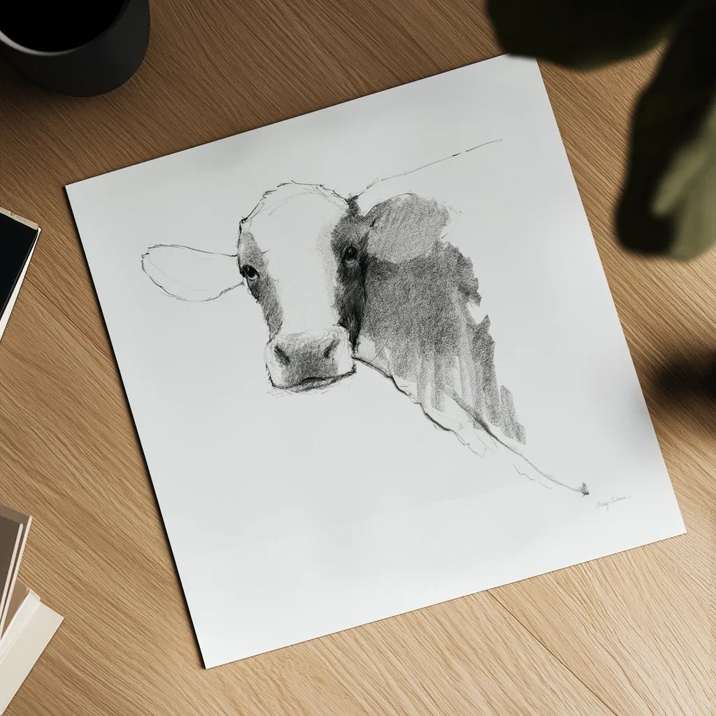 Cow II Dark Square by Avery Tillmon. Shown as a detailed flat fine art print, highlighting archival giclee quality. Available as an archival giclee rolled canvas, fine art paper, or poster print. SKU 36141a.