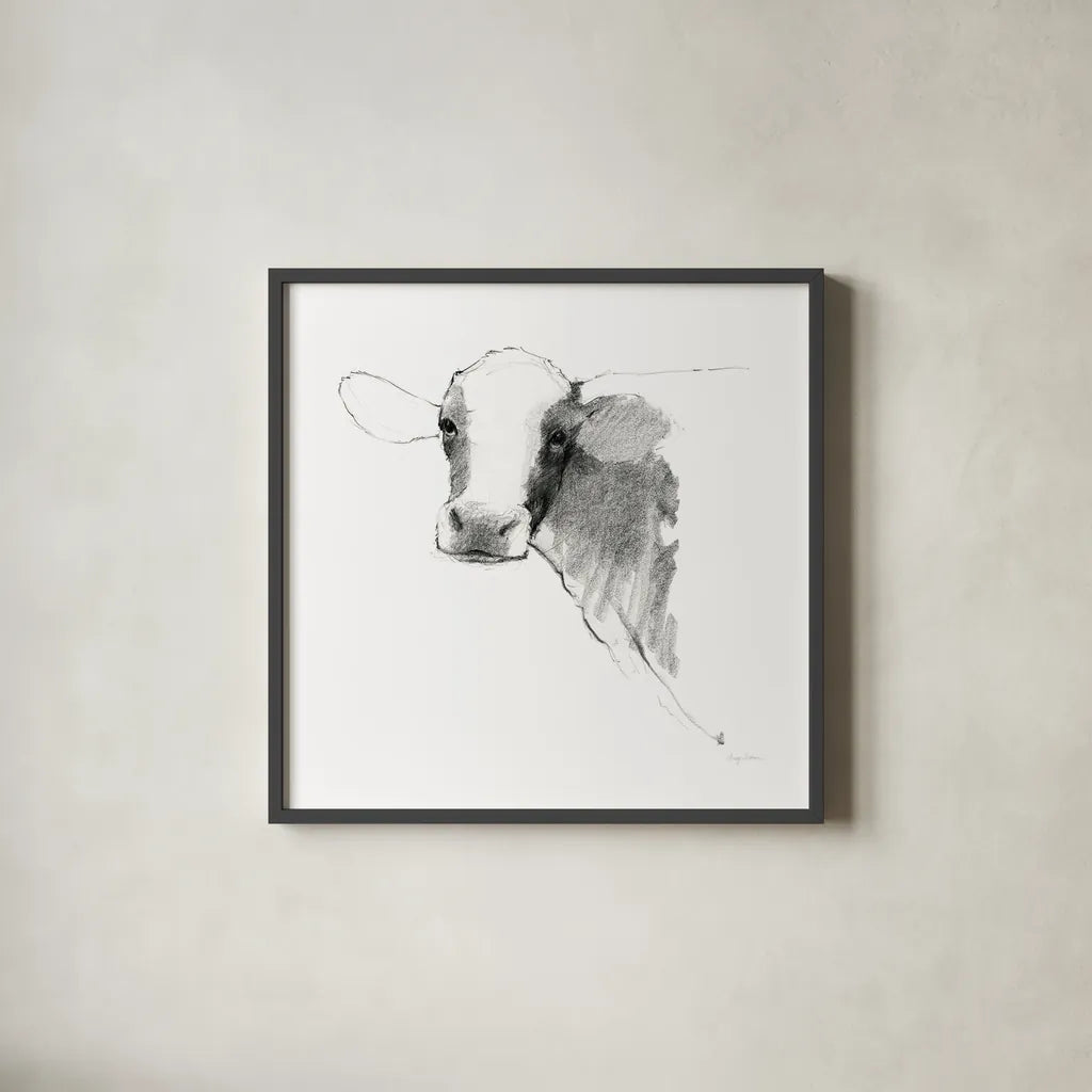 Cow II Dark Square by Avery Tillmon. Shown in a sleek black glass frame for a contemporary gallery look. Available as an archival giclee rolled canvas, fine art paper, or poster print. SKU 36141a.