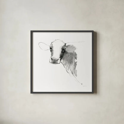 Cow II Dark Square by Avery Tillmon. Shown in a sleek black glass frame for a contemporary gallery look. Available as an archival giclee rolled canvas, fine art paper, or poster print. SKU 36141a.