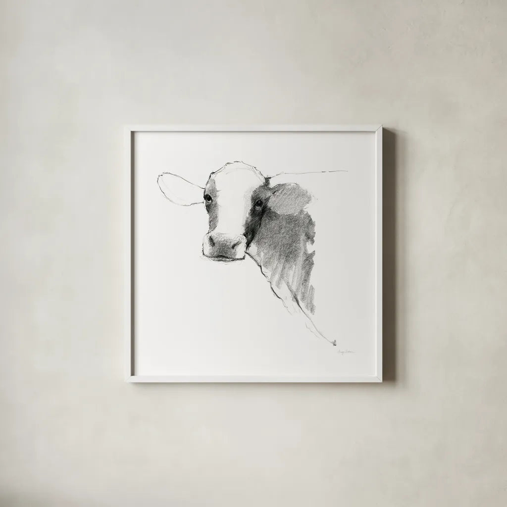 Cow II Dark Square by Avery Tillmon. Shown in a crisp white glass frame for a clean and minimalist style. Available as an archival giclee rolled canvas, fine art paper, or poster print. SKU 36141a.