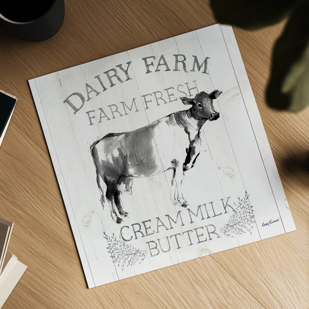 Dairy Farm Wood Black Cow Sq by Avery Tillmon. Shown as a detailed flat fine art print, highlighting archival giclee quality. Available as an archival giclee rolled canvas, fine art paper, or poster print. SKU 81173a.