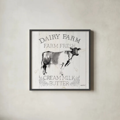 Dairy Farm Wood Black Cow Sq by Avery Tillmon. Shown in a sleek black glass frame for a contemporary gallery look. Available as an archival giclee rolled canvas, fine art paper, or poster print. SKU 81173a.