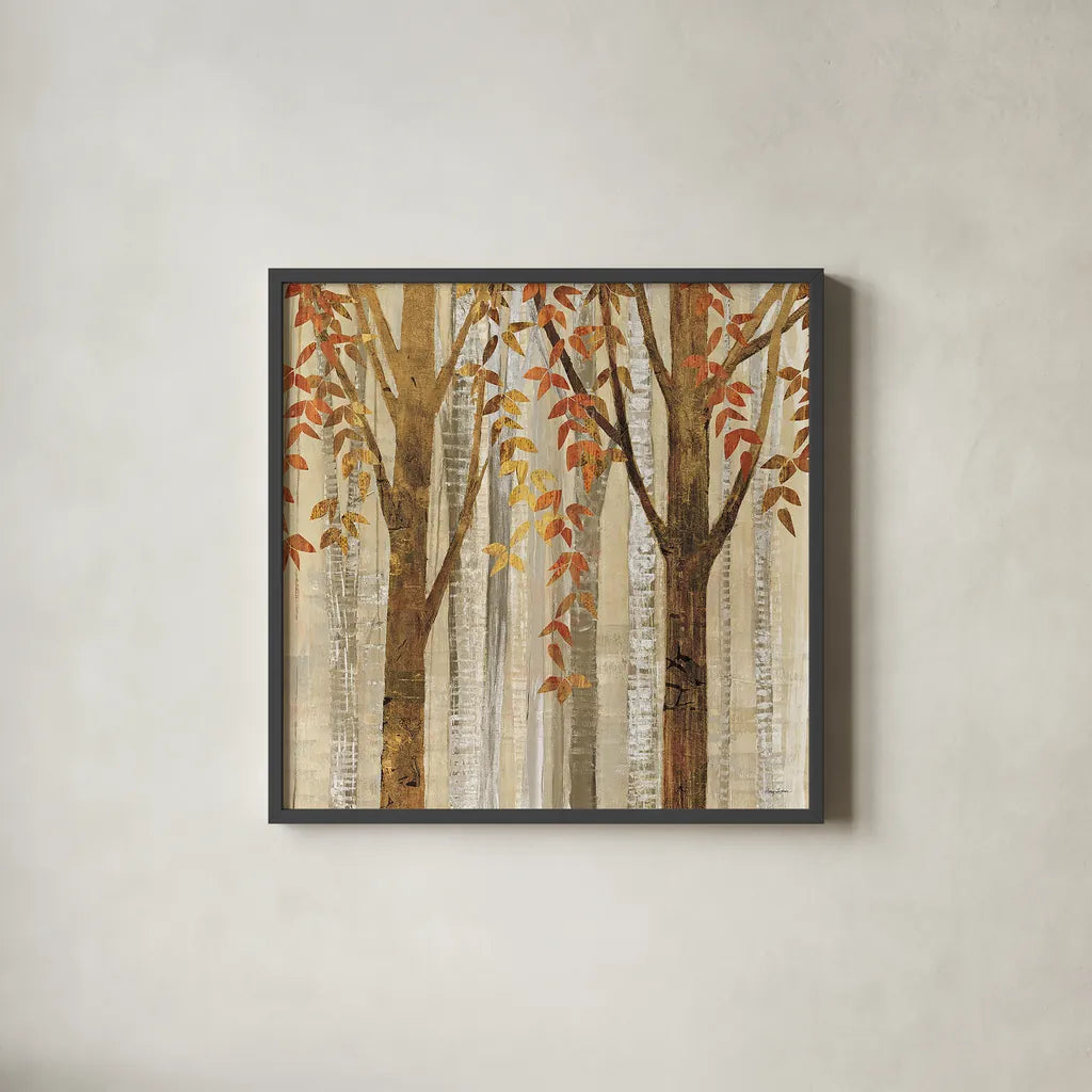 Down to the Woods Autumn Square I by Avery Tillmon. Shown in a sleek black glass frame for a contemporary gallery look. Available as an archival giclee rolled canvas, fine art paper, or poster print. SKU 49550a.