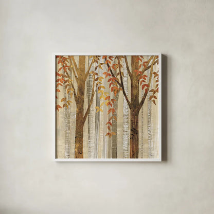 Down to the Woods Autumn Square I by Avery Tillmon. Shown in a crisp white glass frame for a clean and minimalist style. Available as an archival giclee rolled canvas, fine art paper, or poster print. SKU 49550a.