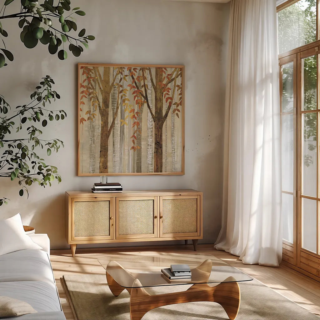 Down to the Woods Autumn Square I by Avery Tillmon. Shown in a natural wood frame in a cozy modern living room. Available as an archival giclee rolled canvas, fine art paper, or poster print. SKU 49550a.