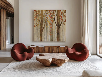 Down to the Woods Autumn Square I by Avery Tillmon. Shown as extra-large giant wall art in a modern living room. Available as an archival giclee rolled canvas, fine art paper, or poster print. SKU 49550a.