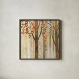 Down to the Woods Autumn Square II by Avery Tillmon. Shown in a sleek black glass frame for a contemporary gallery look. Available as an archival giclee rolled canvas, fine art paper, or poster print. SKU 49551a.